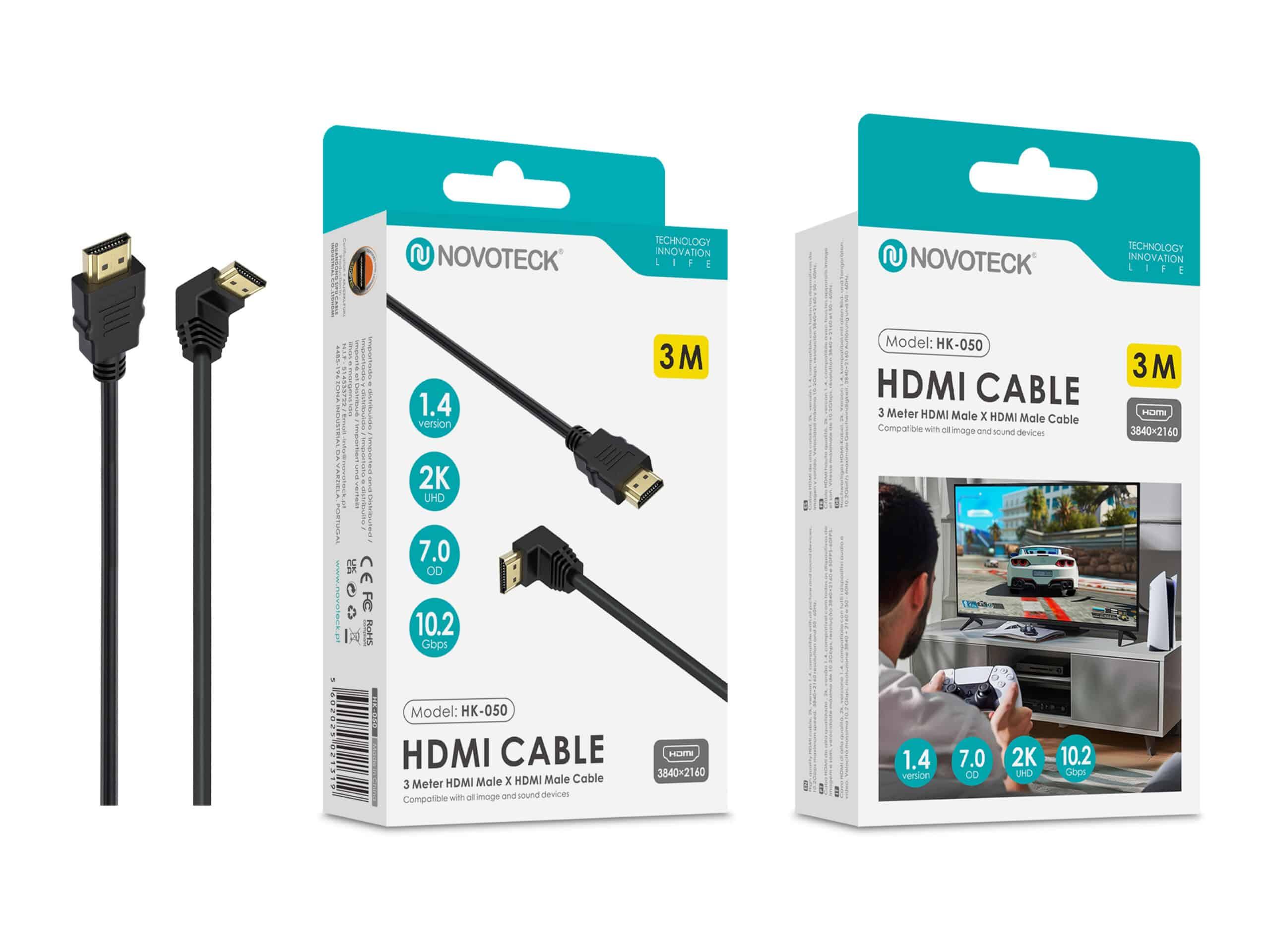 Cabo HDMI 3M Novoteck HK - 050 com Ângulo de 90° – Versão 1.4, Suporte 2K UHD, 10.2Gbps Copy