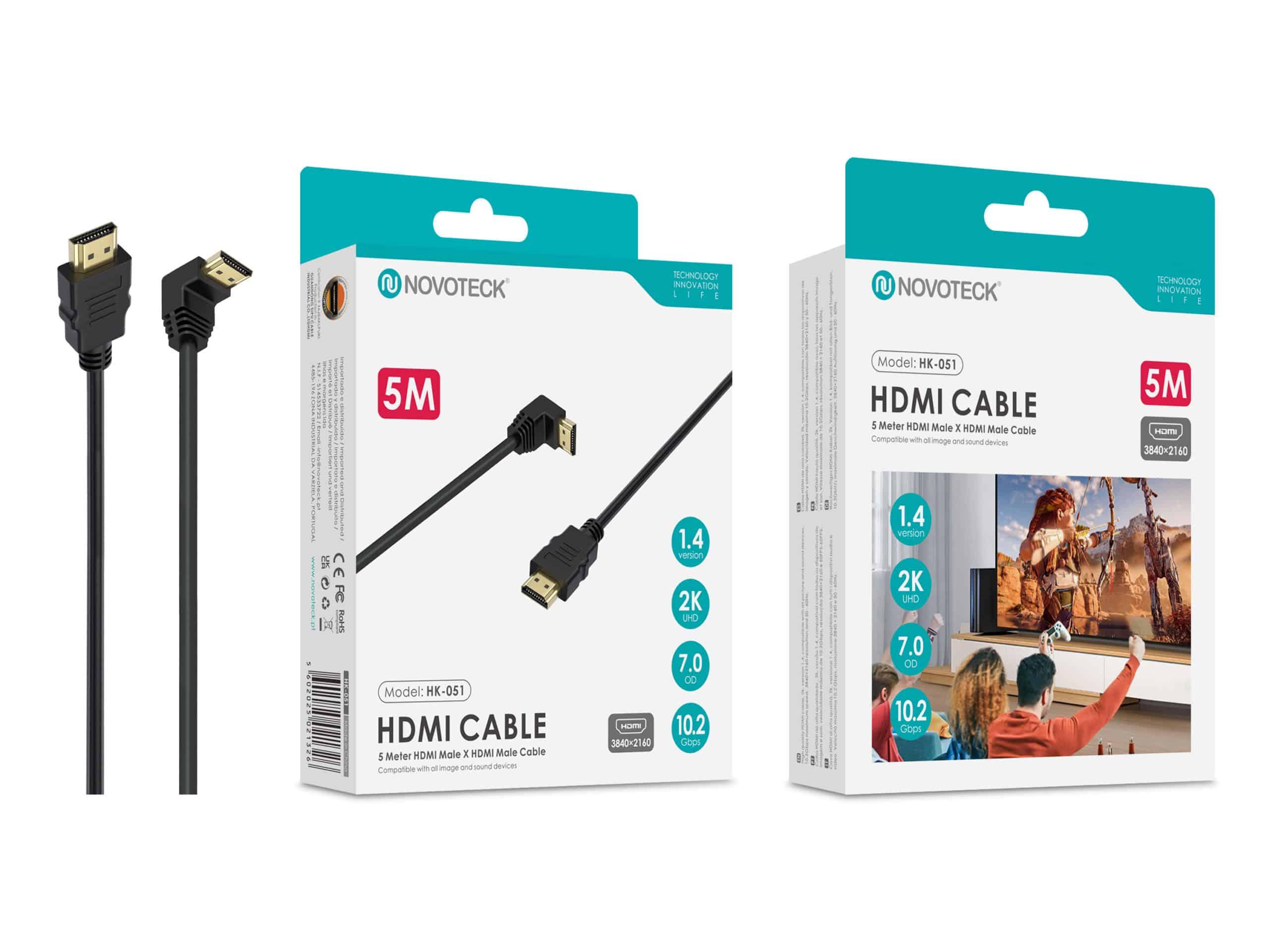 Cabo HDMI 5M Novoteck HK - 051 com Ângulo de 90° – Versão 1.4, Suporte 2K UHD, 10.2Gbps Copy Copy