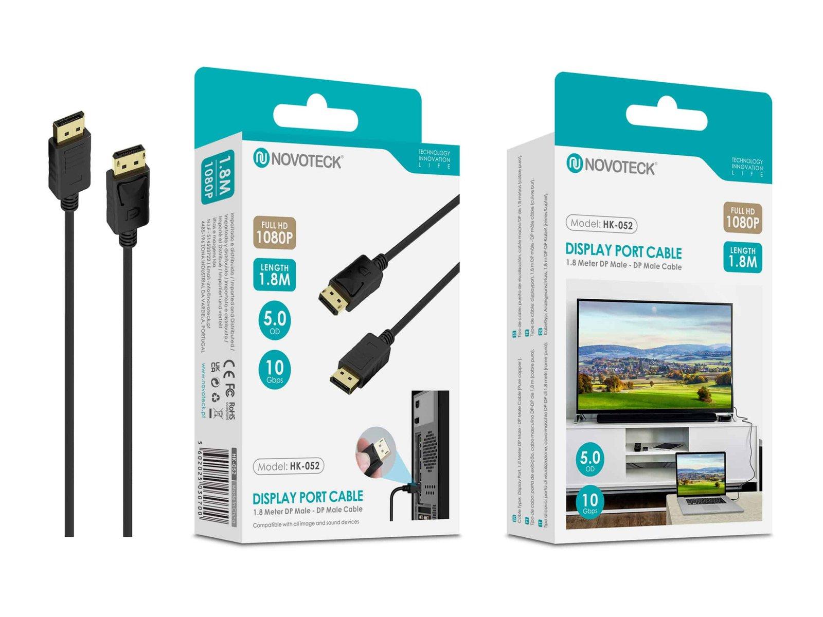 Cabo DisplayPort 1.8M Novoteck HK-052 – Macho para Macho, Full HD 1080p, 10Gbps, Preto