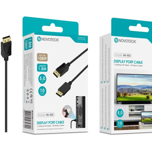 Cabo DisplayPort 1.8M Novoteck HK-052 – Macho para Macho, Full HD 1080p, 10Gbps, Preto