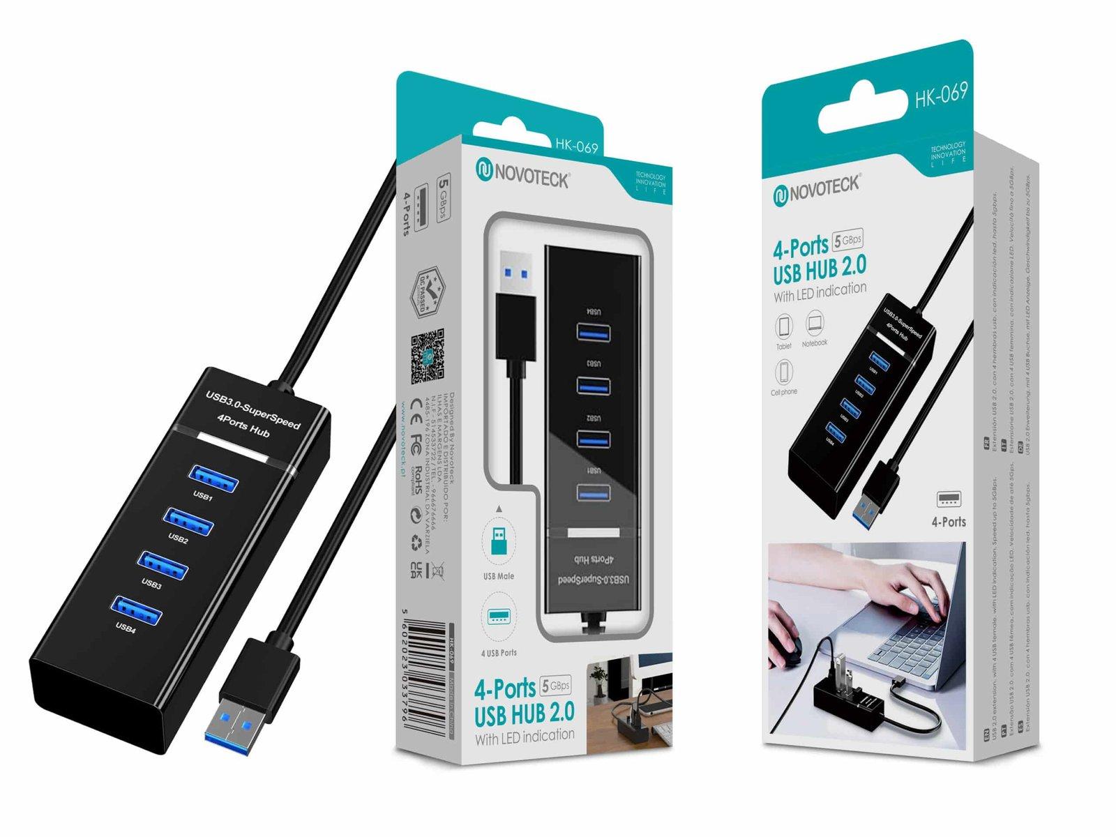 Hub USB 3.0 de 4 Portas NOVOTECK - Velocidade Suprema com Indicação LED HK-069
