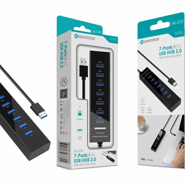 Hub USB 2.0 de 7 Portas NOVOTECK - Expansão de Alta Capacidade com Indicação LED HK-070