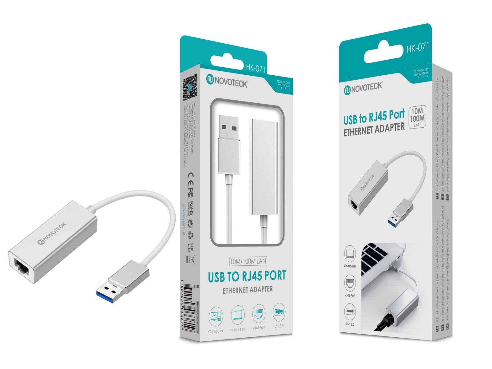 Adaptador Ethernet NOVOTECK USB para RJ45 - Conexão Estável e Rápida 10/100M, Modelo HK-071