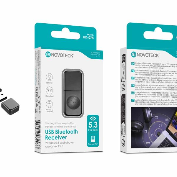 Adaptador USB Bluetooth 5.3 Novoteck HK-078 – Dual Mode, Plug & Play, Alcance até 20m, Compatível com Windows 8 e Superior