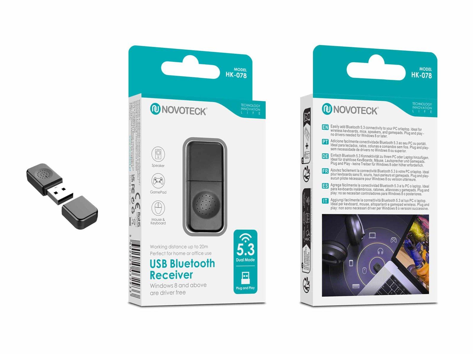 Adaptador USB Bluetooth 5.3 Novoteck HK-078 – Dual Mode, Plug & Play, Alcance até 20m, Compatível com Windows 8 e Superior