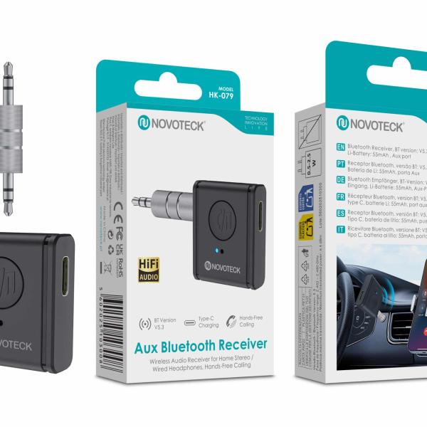 Receptor Bluetooth AUX NOVOTECK HK - 079 – Versão BT 5.3 com Entrada Tipo - C e Bateria Recarregável – Chamadas Mãos Livres e Áudio Hi - Fi