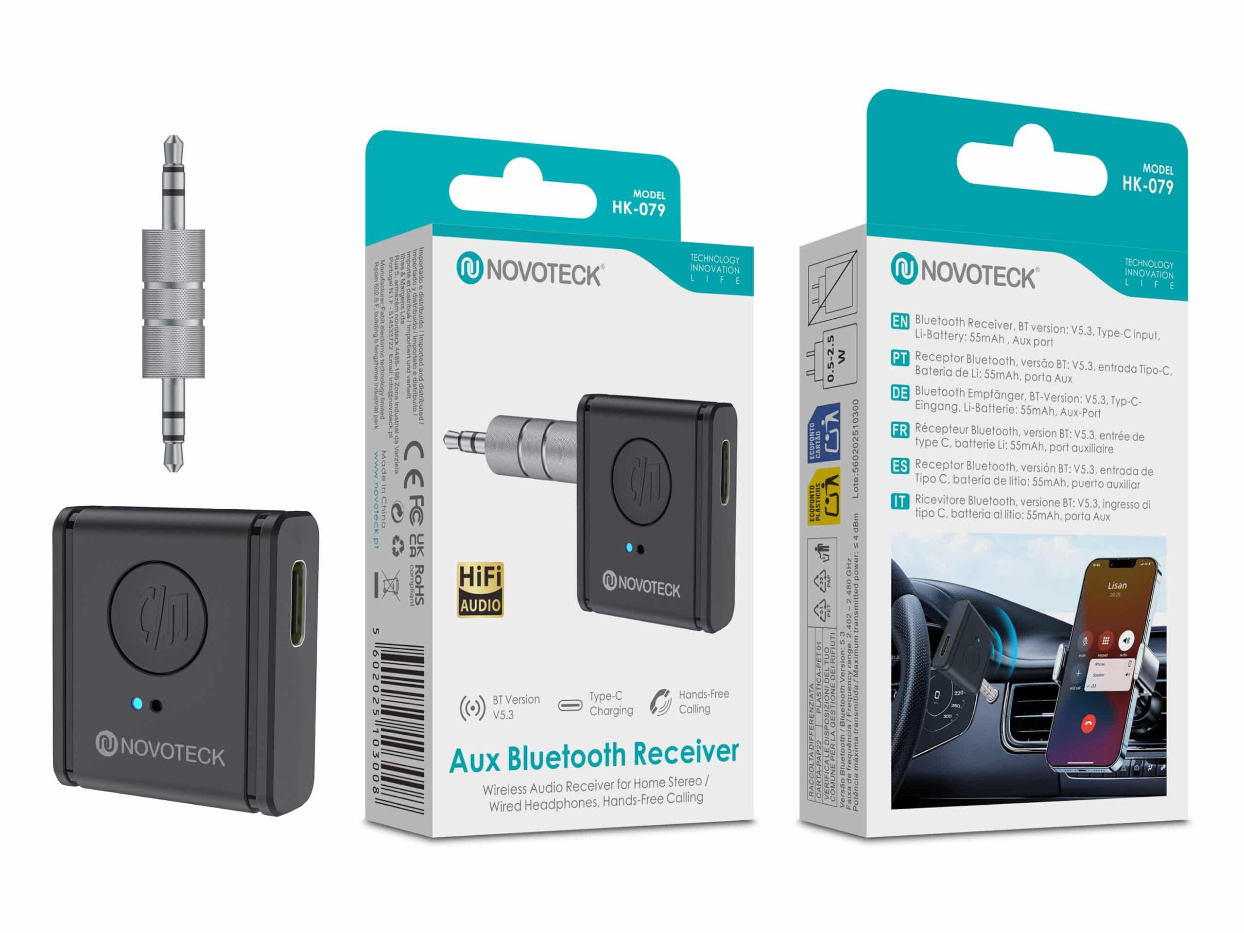 Receptor Bluetooth AUX NOVOTECK HK - 079 – Versão BT 5.3 com Entrada Tipo - C e Bateria Recarregável – Chamadas Mãos Livres e Áudio Hi - Fi