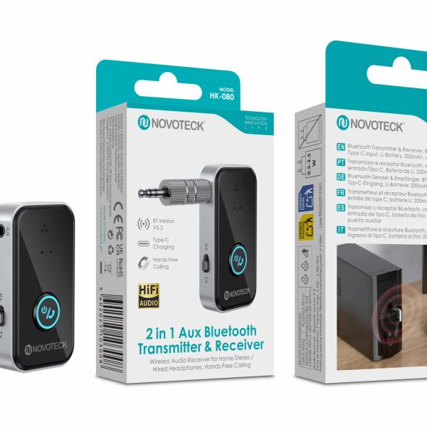 Transmissor e Recetor Bluetooth 2 em 1 NOVOTECK HK - 080 – AUX + Bluetooth 5.3, USB - C, Chamadas Mãos Livres, Bateria 200mAh