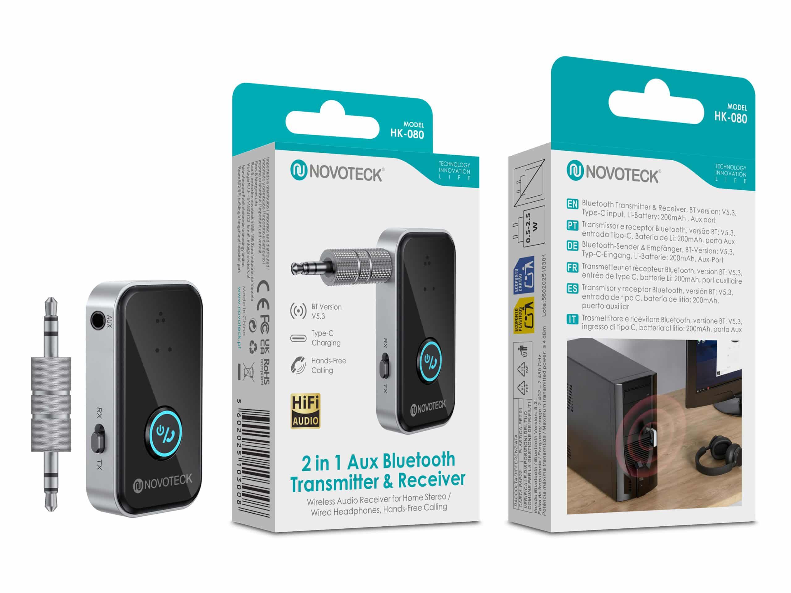 Transmissor e Recetor Bluetooth 2 em 1 NOVOTECK HK - 080 – AUX + Bluetooth 5.3, USB - C, Chamadas Mãos Livres, Bateria 200mAh