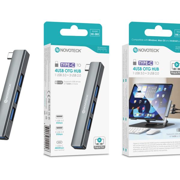 Hub USB - C NOVOTECK HK - 085 para Tablet e Portátil, 4 Portas USB, 1 X USB 3.0 + 3 X USB 2.0, OTG Plug & Play