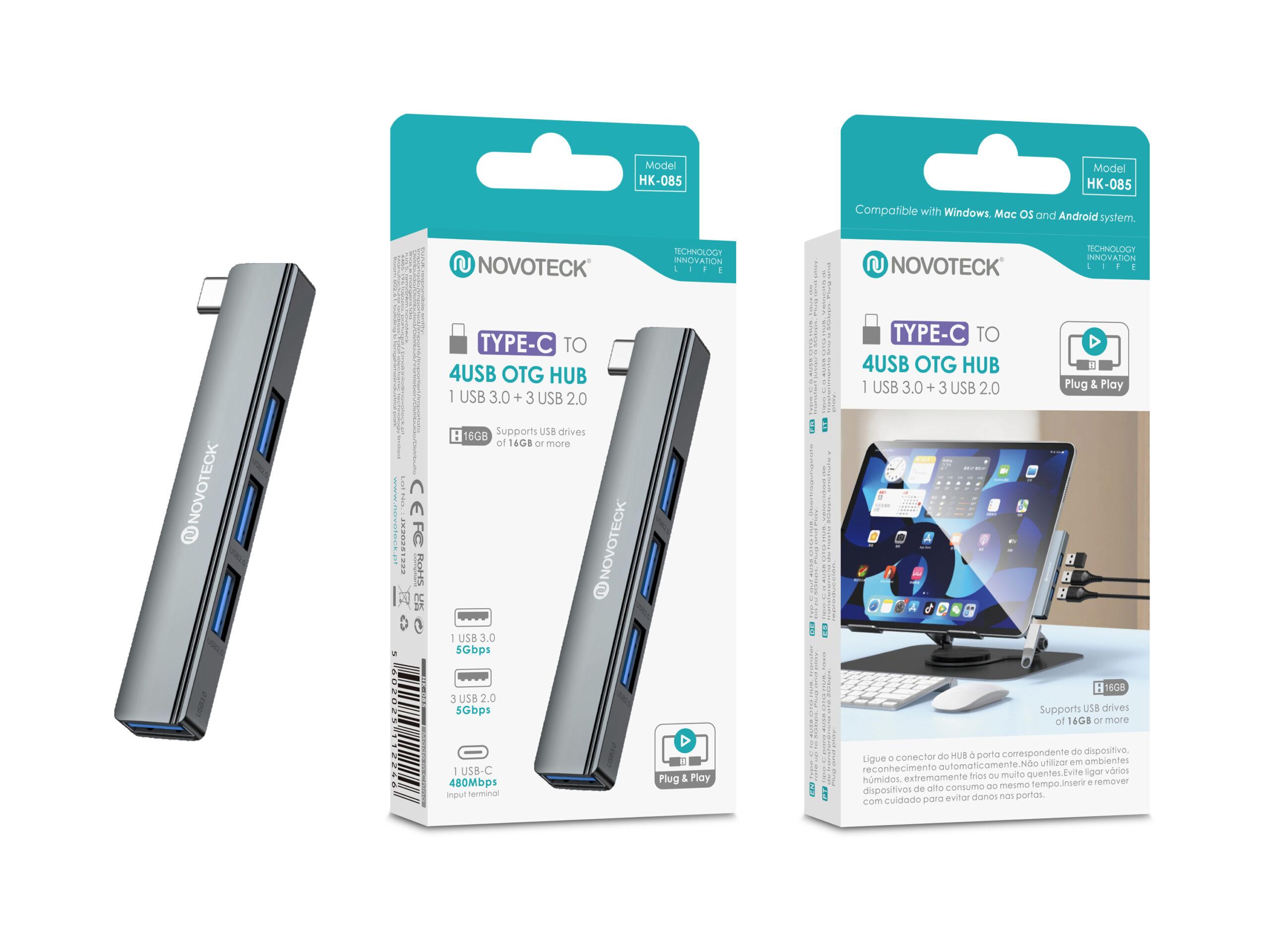 Hub USB - C NOVOTECK HK - 085 para Tablet e Portátil, 4 Portas USB, 1 X USB 3.0 + 3 X USB 2.0, OTG Plug & Play