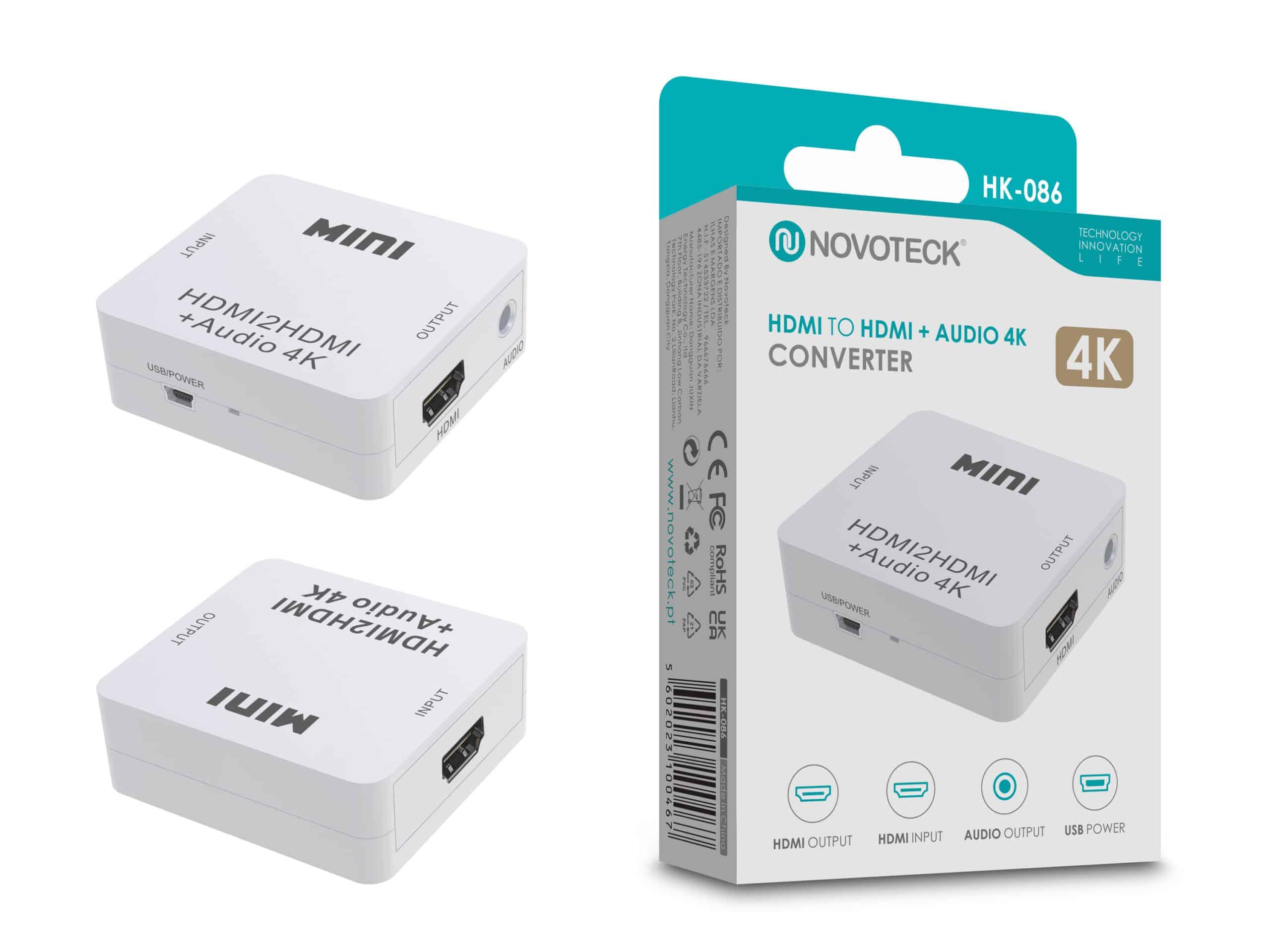 Conversor HDMI para HDMI + Áudio Novoteck HK - 086 – Suporte 4K com Saída de Áudio