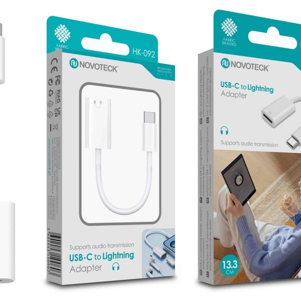 Adaptador USB - C para Lightning Novoteck HK - 092 Suporte de Áudio e Design Durável com Revestimento em Tecido
