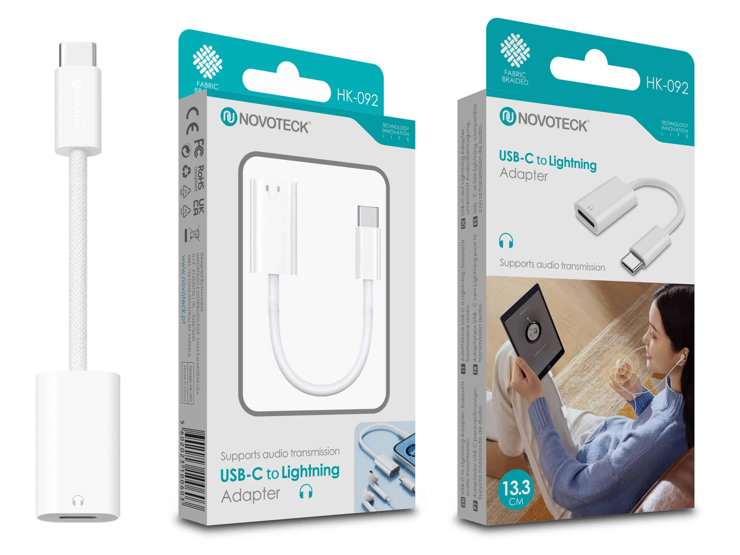Adaptador USB - C para Lightning Novoteck HK - 092 Suporte de Áudio e Design Durável com Revestimento em Tecido