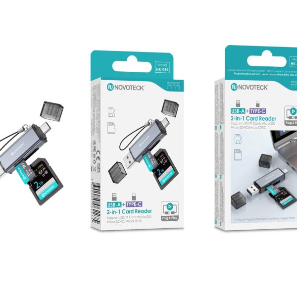 Leitor de Cartões 2 em 1 Novoteck HK - 094 – USB - A + USB - C, Compatível com SD, TF (MicroSD), SDHC, SDXC