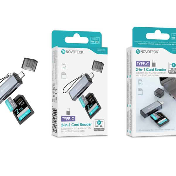 Leitor de Cartões 2 em 1 Novoteck HK - 095 – USB - C, Compatível com SD, TF (MicroSD), SDHC, SDXC