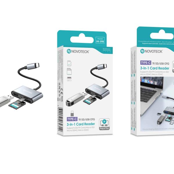 Leitor de Cartões 3 em 1 HK - 098 – Type - C, Compatível com SD, TF (MicroSD) e USB OTG