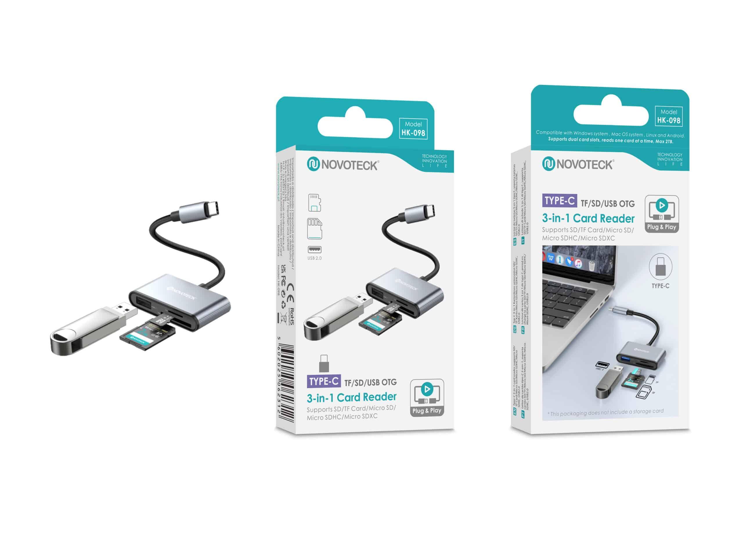Leitor de Cartões 3 em 1 HK - 098 – Type - C, Compatível com SD, TF (MicroSD) e USB OTG