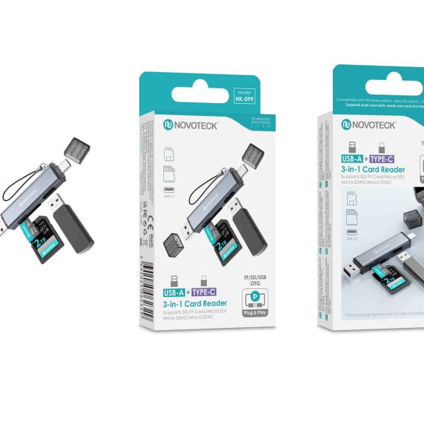 Leitor de Cartões 3 em 1 HK - 099 – USB - A + Type - C, Compatível com SD, TF (MicroSD) e USB OTG