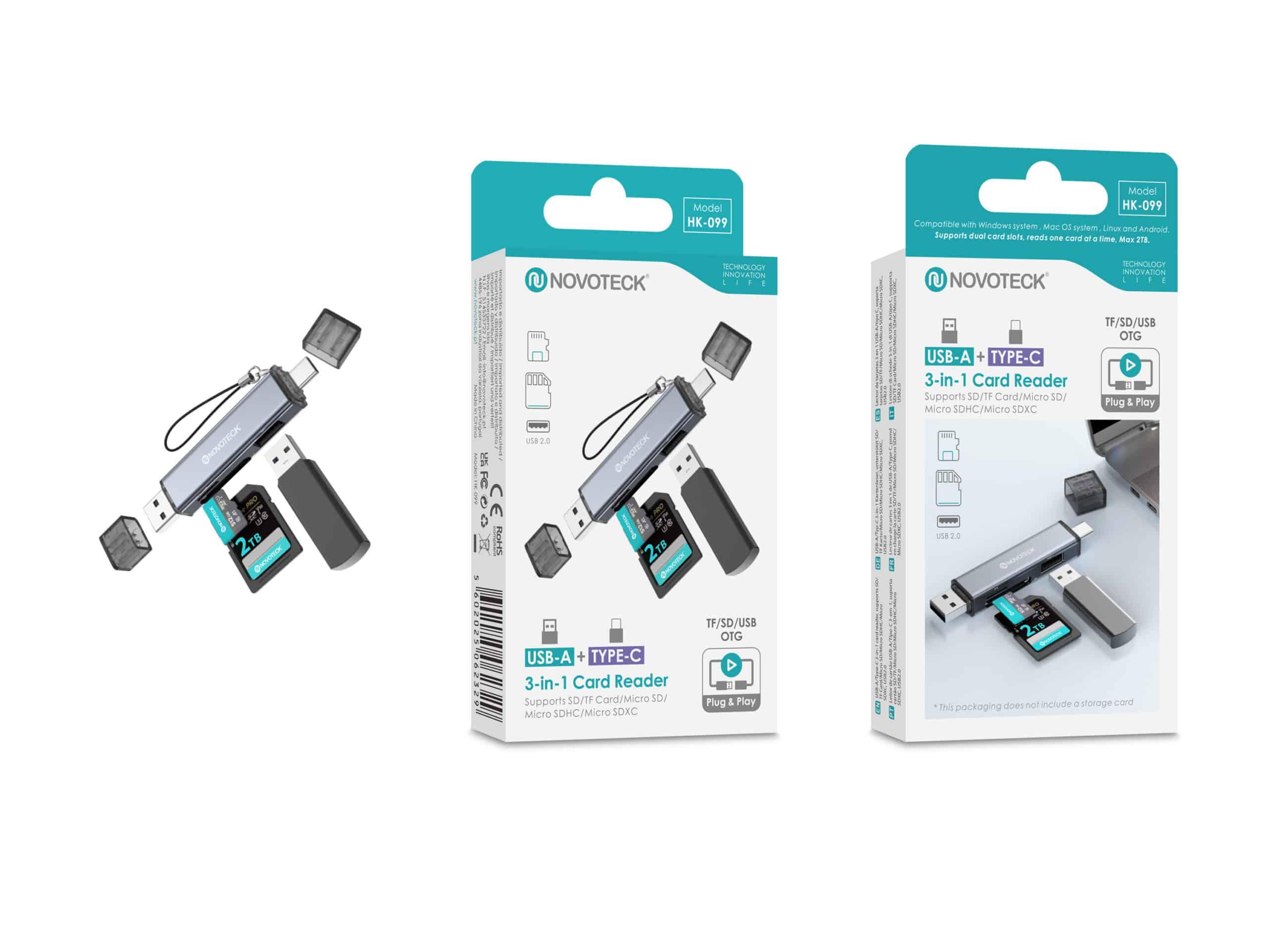 Leitor de Cartões 3 em 1 HK - 099 – USB - A + Type - C, Compatível com SD, TF (MicroSD) e USB OTG