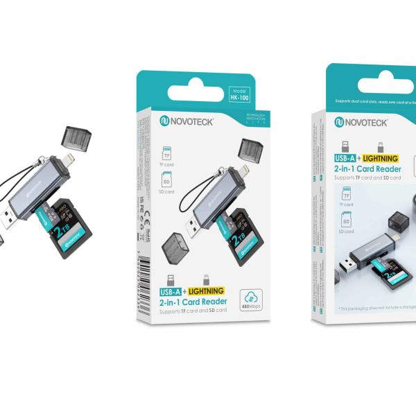 Leitor de Cartões 2 em 1 HK - 100 – USB - A + Lightning, Compatível com SD e TF (MicroSD)