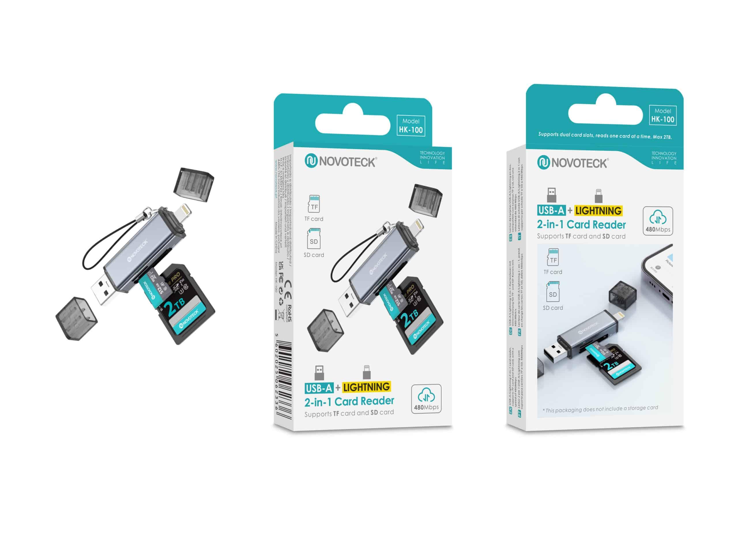 Leitor de Cartões 2 em 1 HK - 100 – USB - A + Lightning, Compatível com SD e TF (MicroSD)