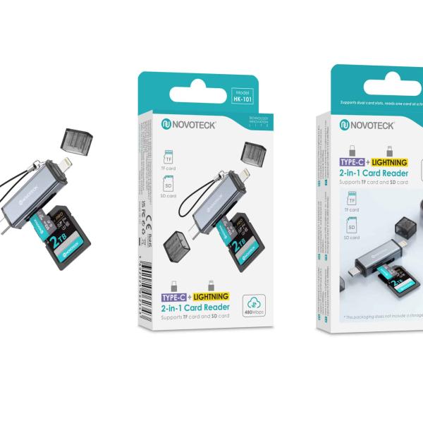 Leitor de Cartões 2 em 1 HK - 101 – Type - C + Lightning, Compatível com SD e TF (MicroSD)