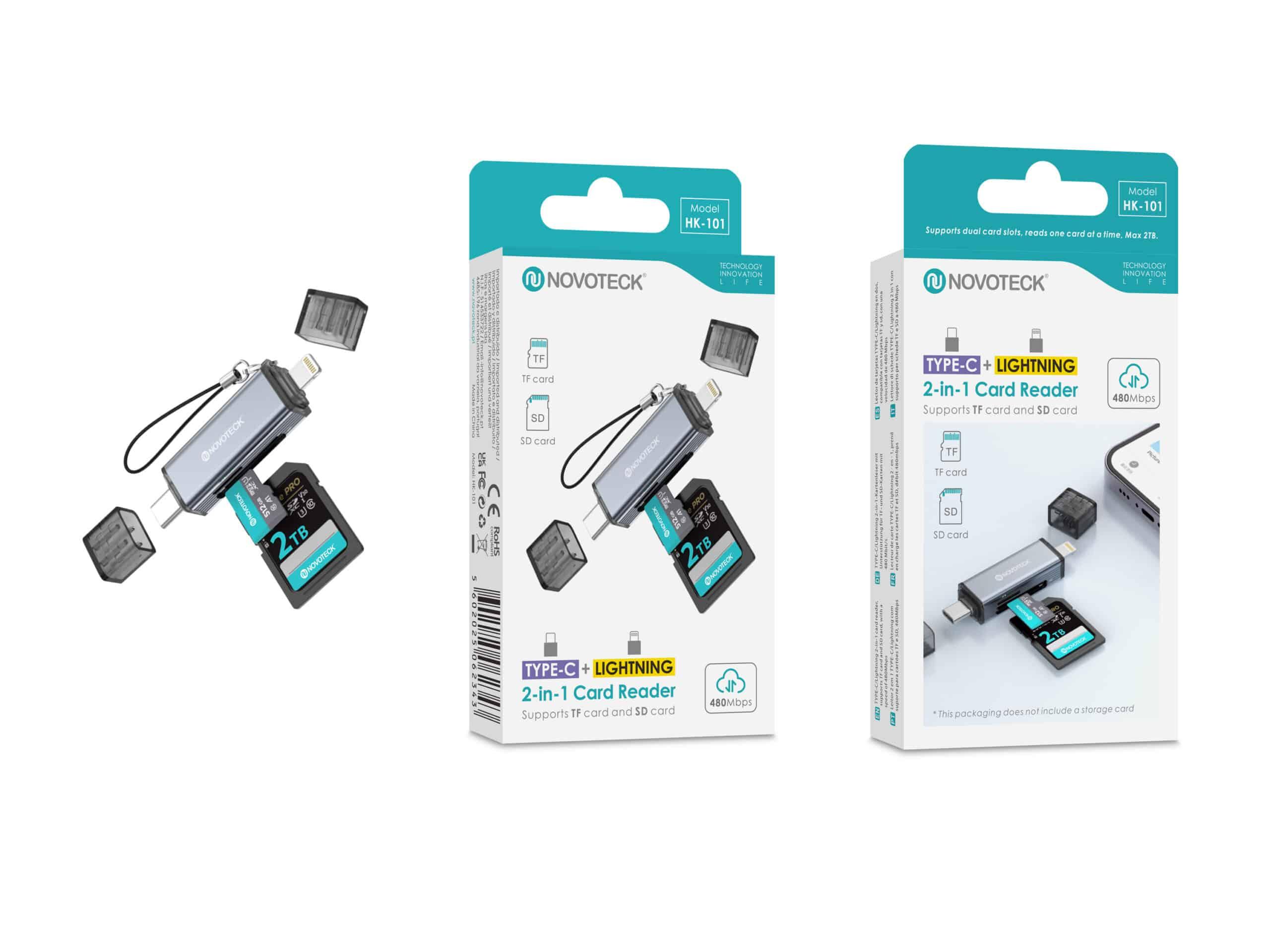 Leitor de Cartões 2 em 1 HK - 101 – Type - C + Lightning, Compatível com SD e TF (MicroSD)
