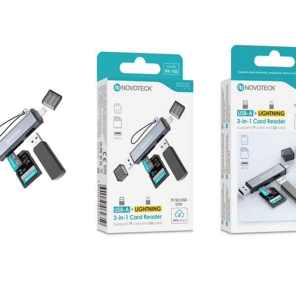 Leitor de Cartões 3 em 1 HK - 102 – USB - A + Lightning, Compatível com SD, TF (MicroSD) e USB