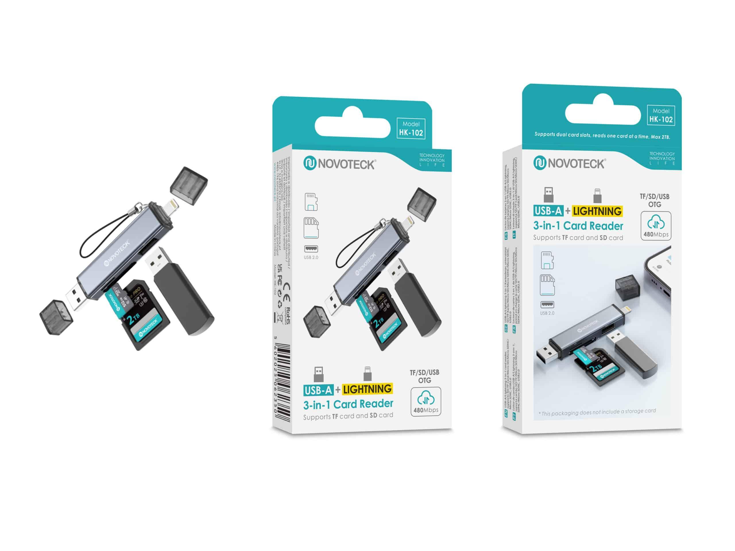 Leitor de Cartões 3 em 1 HK - 102 – USB - A + Lightning, Compatível com SD, TF (MicroSD) e USB