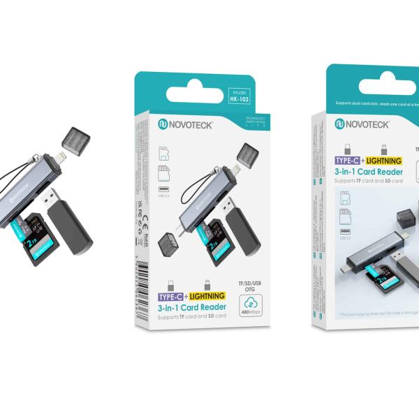 Leitor de Cartões 3 em 1 HK - 103 – Type - C + Lightning, Compatível com SD, TF (MicroSD) e USB