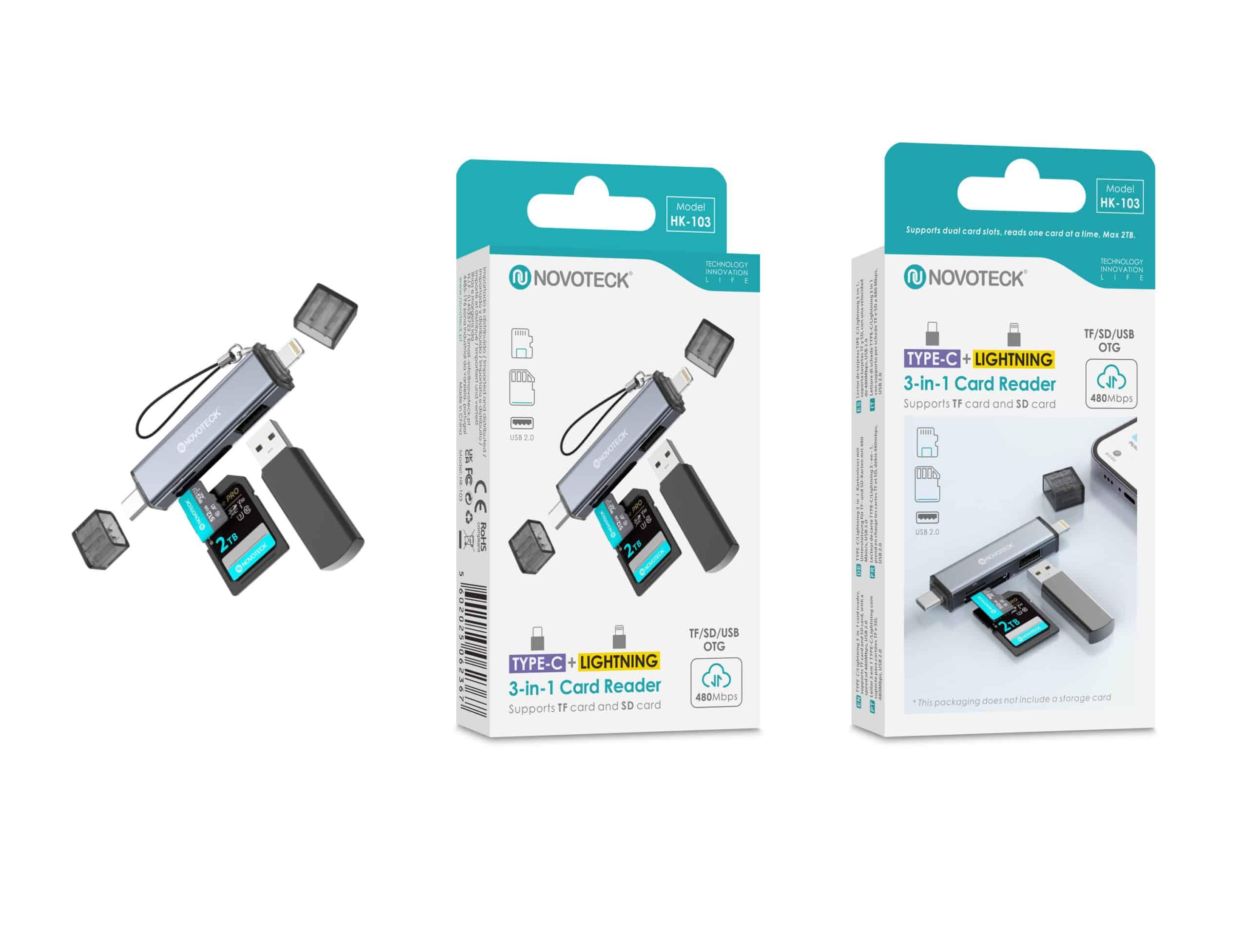 Leitor de Cartões 3 em 1 HK - 103 – Type - C + Lightning, Compatível com SD, TF (MicroSD) e USB