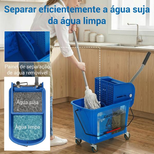 Balde de Limpeza com Escorredor, Painel Separador e Rodas Capacidade de 20L para Limpeza Doméstica 45x26,5x70 cm Azul