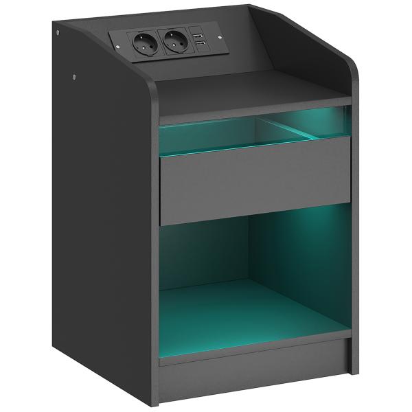 Mesa de Cabeceira com Luzes LED Gaveta Prateleira Estação de Carregamento Entrada USB e Controlo Remoto 40x40x58 cm Branco