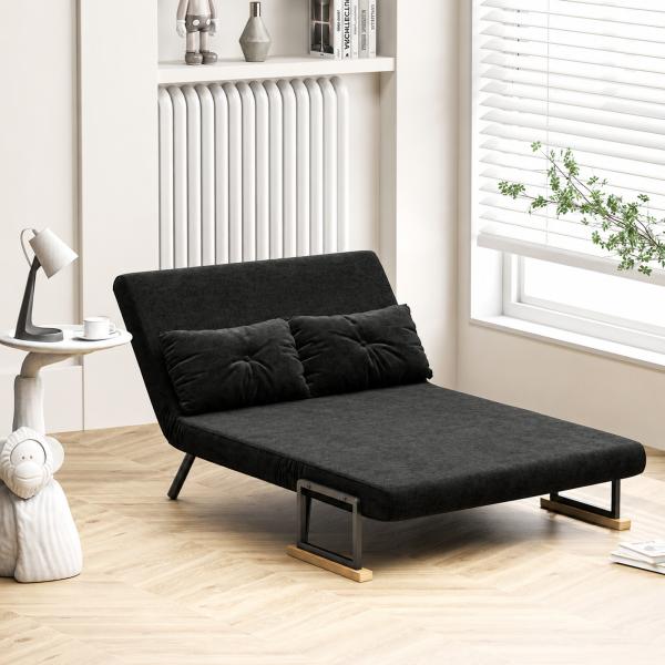 Sofá Cama Sofá Convertível em Cama de 2 Lugares Dobrável com Encosto Ajustável em 5 Níveis e 2 Almofadas 102x73x81 cm Preto