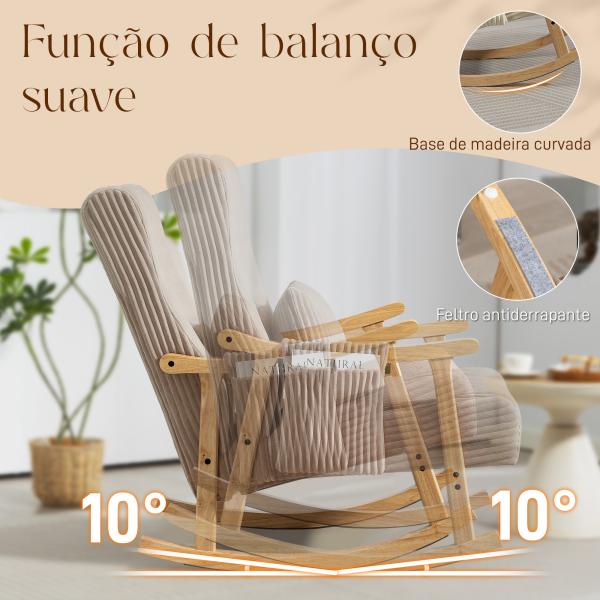 Poltrona Baloiço Moderna em Veludo Cotelê com Apoio para os Braços Almofada Lombar e Bolso Poltrona de Amamentação 65x90x98 cm Castanho Claro