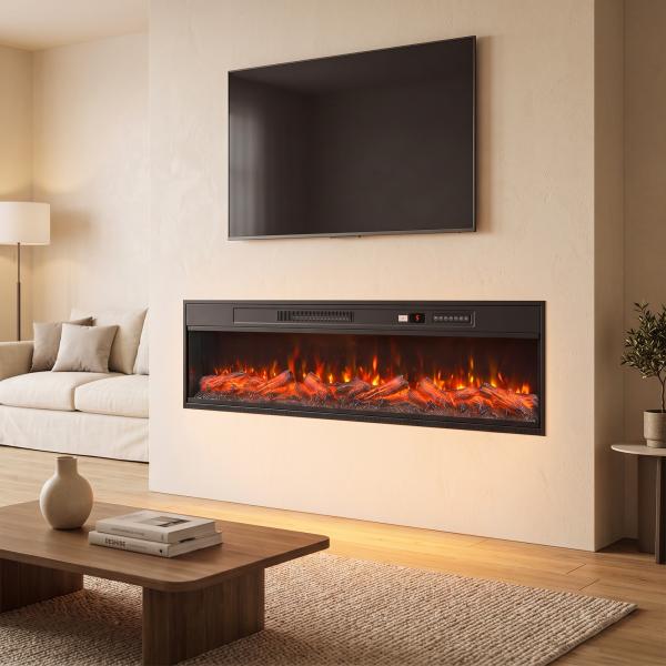 Lareira Elétrica Encastrável ou de Chão 750/1500W, 3 Lados, 12 Cores de Chama 3D, Termóstato, Comando à Distância, Preto
