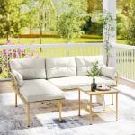 Conjunto de Jardim Exterior em Vime com 1 Sofá de Dois Lugares 1 Espreguiçadeira e 1 Mesa de Centro Madeira e Creme