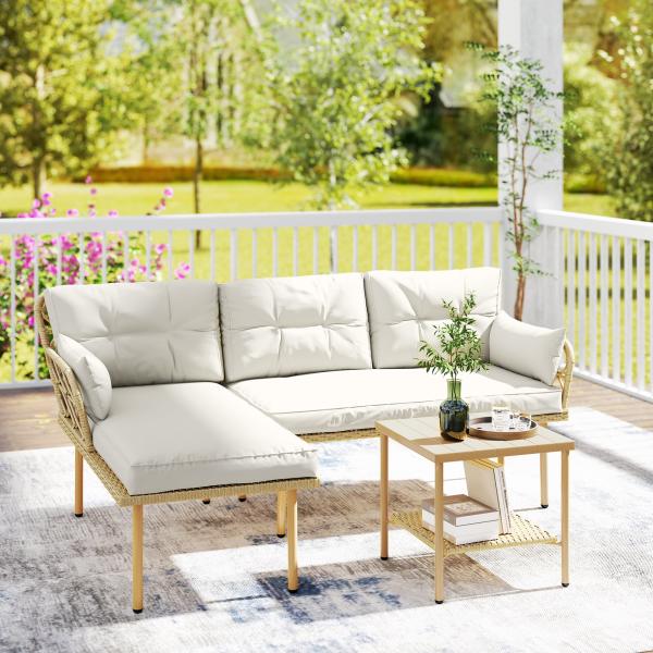 Conjunto de Jardim Exterior em Vime com 1 Sofá de Dois Lugares 1 Espreguiçadeira e 1 Mesa de Centro Madeira e Creme