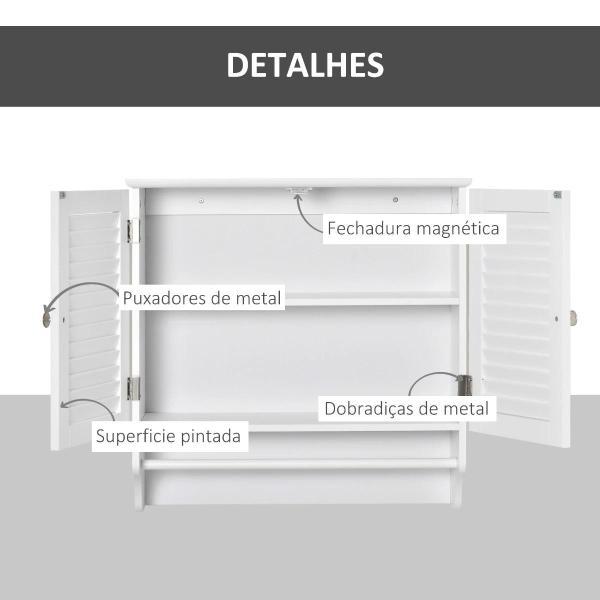 Armário Casa de Banho de Parede com 2 Portas de Persiana Prateleira Interior e Barra para Toalhas Móvel Auxiliar Suspenso Moderno Multiuso para Cozinha 60x23x60cm Branco