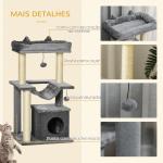Arranhador para Gatos de 3 Níveis com Caverna Rede Plataforma Bolas Suspensas e Poste de Sisal 48x48x90 cm Cinza