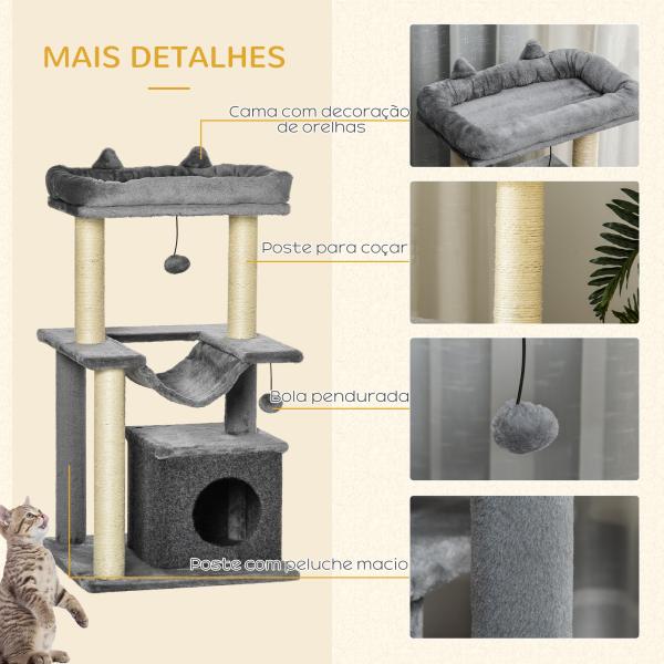 Arranhador para Gatos de 3 Níveis com Caverna Rede Plataforma Bolas Suspensas e Poste de Sisal 48x48x90 cm Cinza