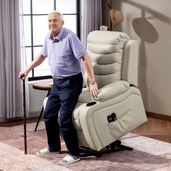 Poltrona Relax Reclinável Elétrica Elevatória com Massagem Vibratória Aquecimento e Porta USB 93x95,5x100 cm Creme