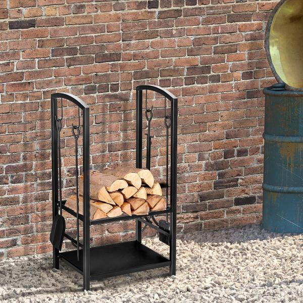 Suporte para Lenha de 2 Níveis Porta Lenha Exterior e Interior Metálico com 4 Ferramentas para Lareira Carga Máx. 100kg 40x30x74,5cm Preto