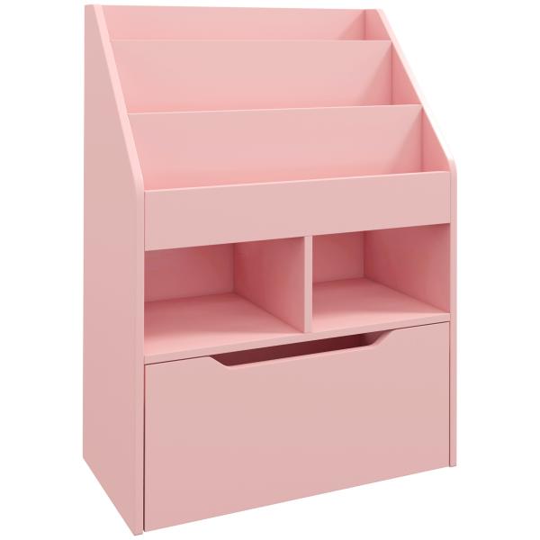 Estante de Madeira para Brinquedos com 3 Compartimentos 2 Prateleiras e Gaveta Móvel com 4 Rodas 60x29,9x90 cm Rosa