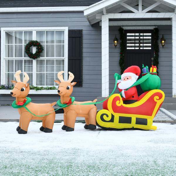 Pai Natal com Trenó e Renas Infláveis com Luzes LED Decoração de Natal para Exterior Ar Livre com Inflador 240x57x112cm Multicor