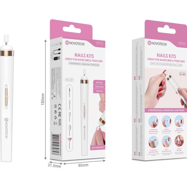 Kit Elétrico para Manicure e Pedicure Novoteck HL - 001 – 5 Cabeças Profissionais, 2 Velocidades, LED, Recarregável USB
