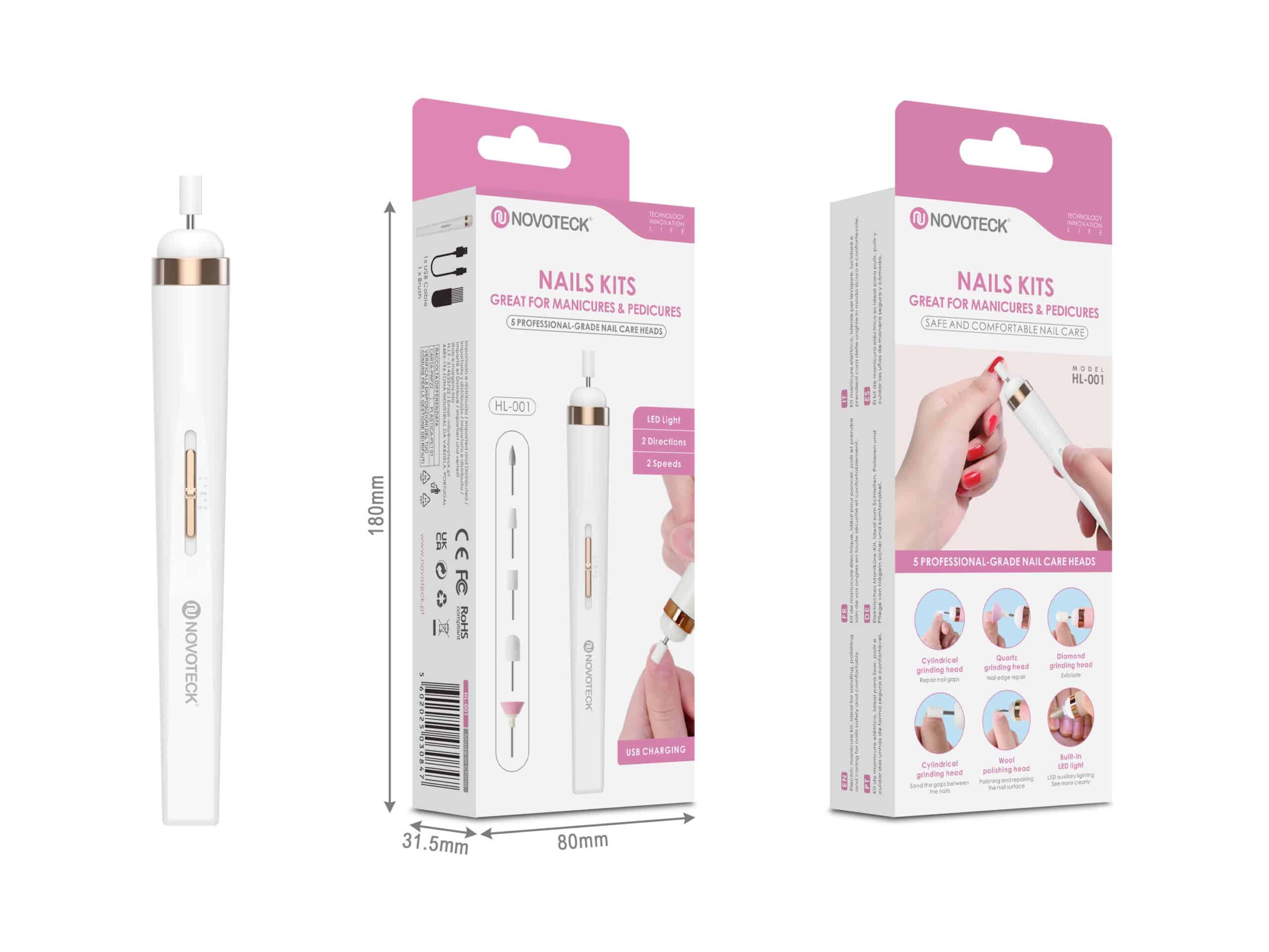Kit Elétrico para Manicure e Pedicure Novoteck HL - 001 – 5 Cabeças Profissionais, 2 Velocidades, LED, Recarregável USB