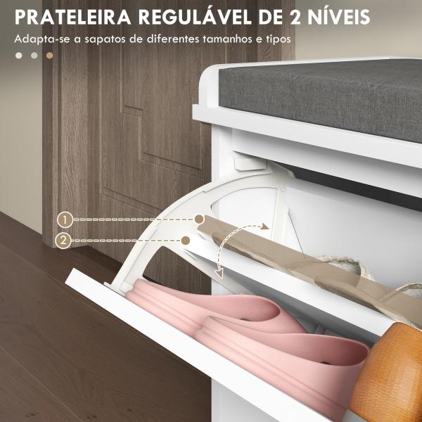 Banco Sapateira Moderno de Madeira com Prateleiras Ajustáveis e Almofada Acolchoada para 8 Pares de Sapatos 80x26x44,5 cm Branco