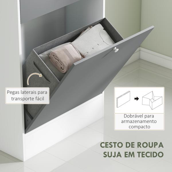 Armário de Casa de Banho com Cesto para Roupa Suja Espelho Gaveta e Prateleiras Ajustáveis 62x28,3x181 cm Branco e Cinza